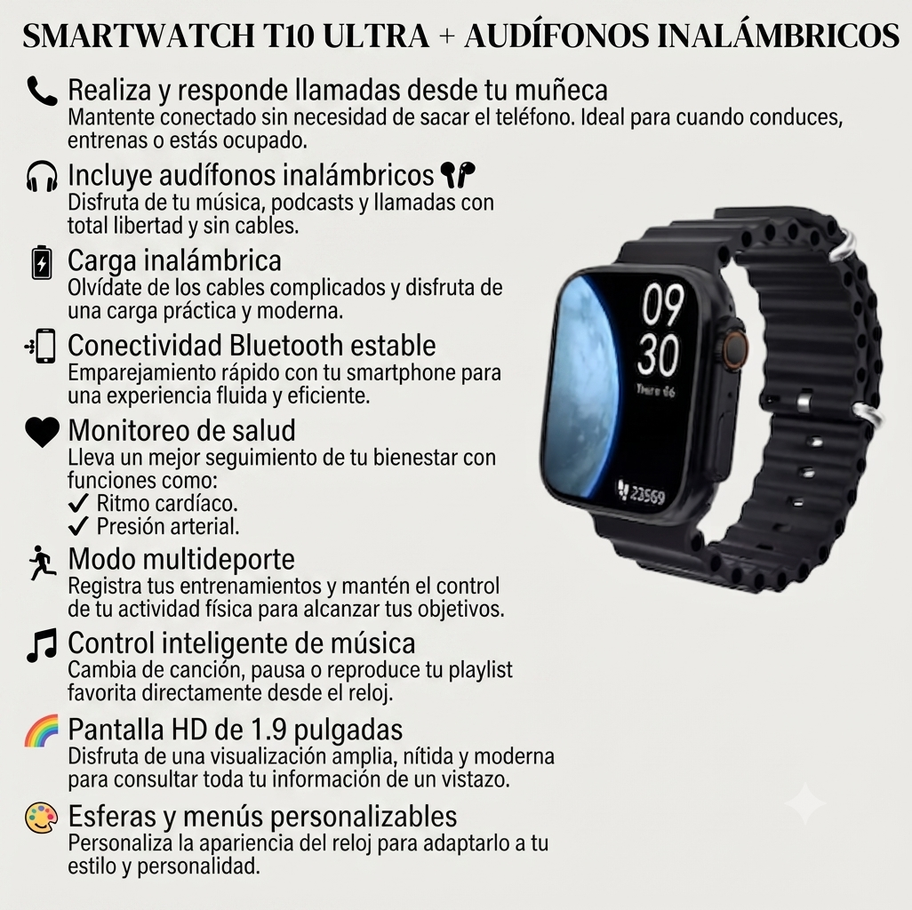 SMARTWATCH T10 ULTRA + AUDÍFONOS INALÁMBRICOS